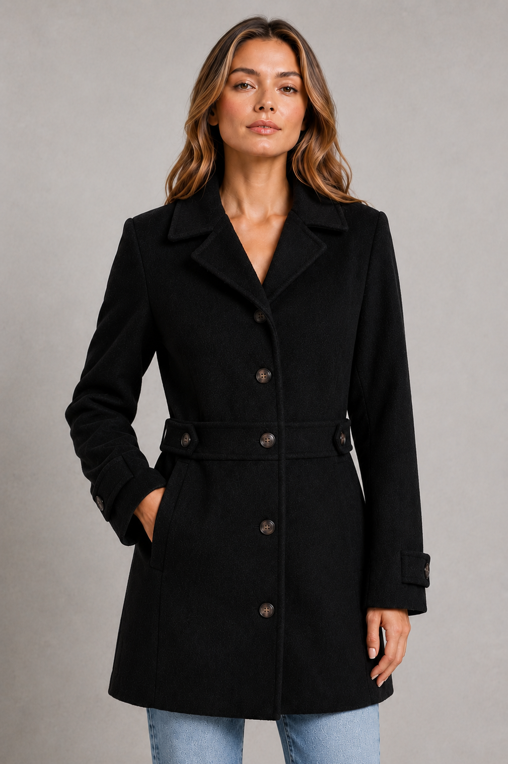 Women’s tailored longline coat with classic collar, button-front closure, waist-defining seams, decorative button tabs, and adjustable cuffs.