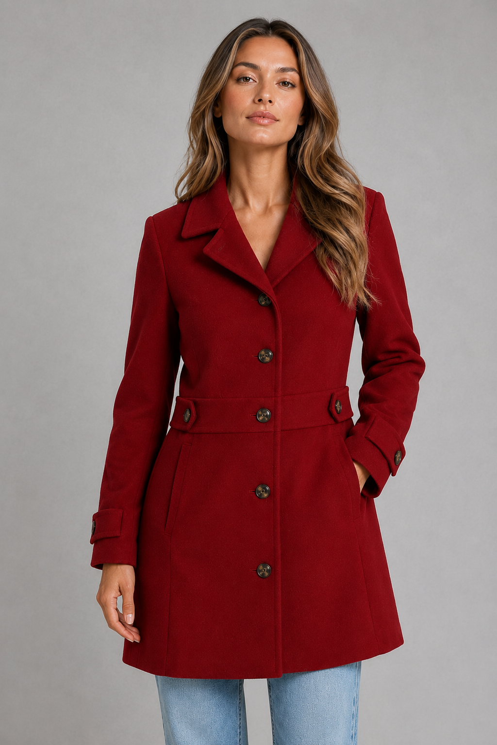 Women’s tailored longline coat with classic collar, button-front closure, waist-defining seams, decorative button tabs, and adjustable cuffs.