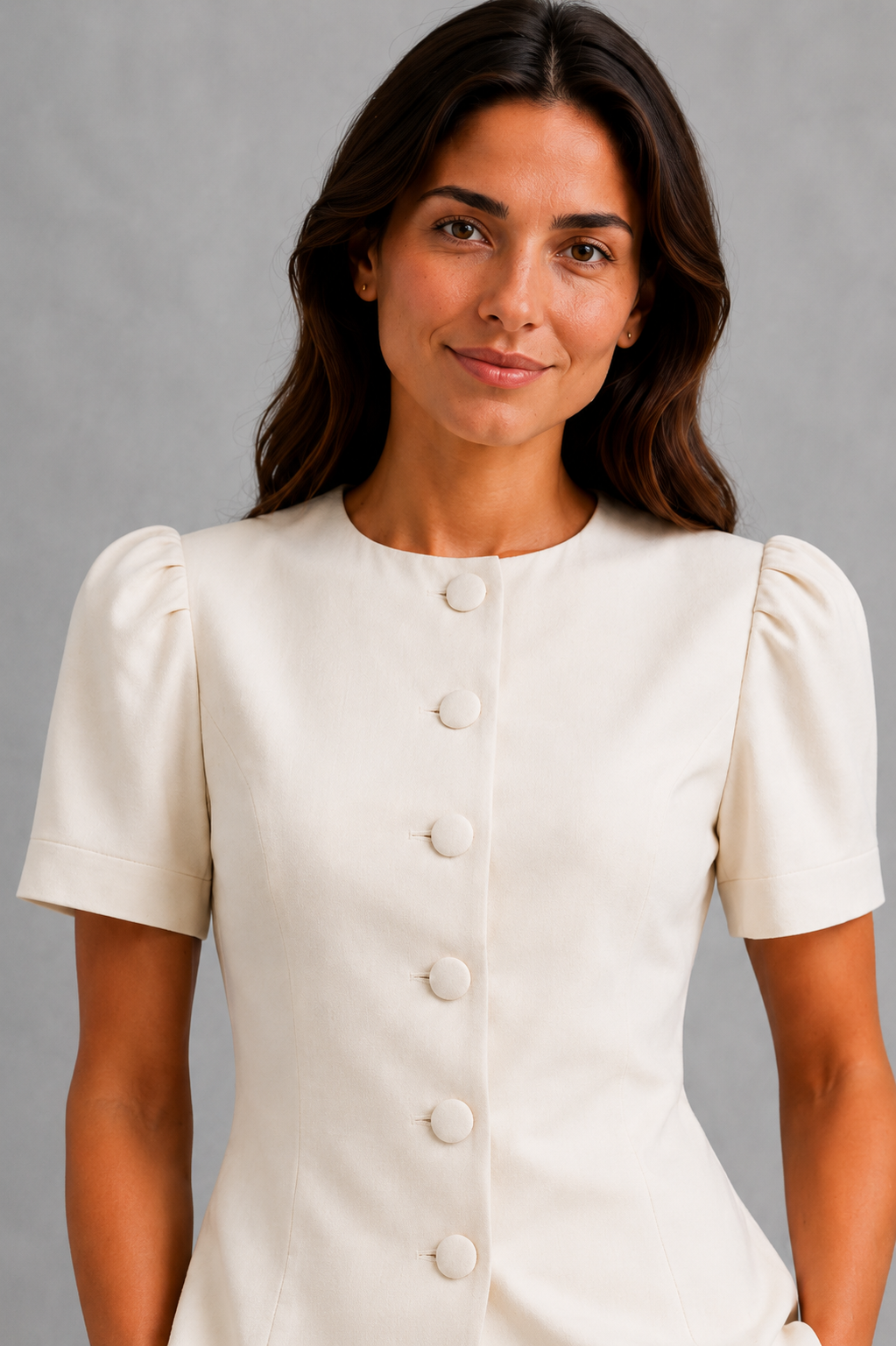 Women’s tailored two-piece set with an elegant fitted top and matching ankle-length balloon leg pants in a relaxed, polished silhouette.
