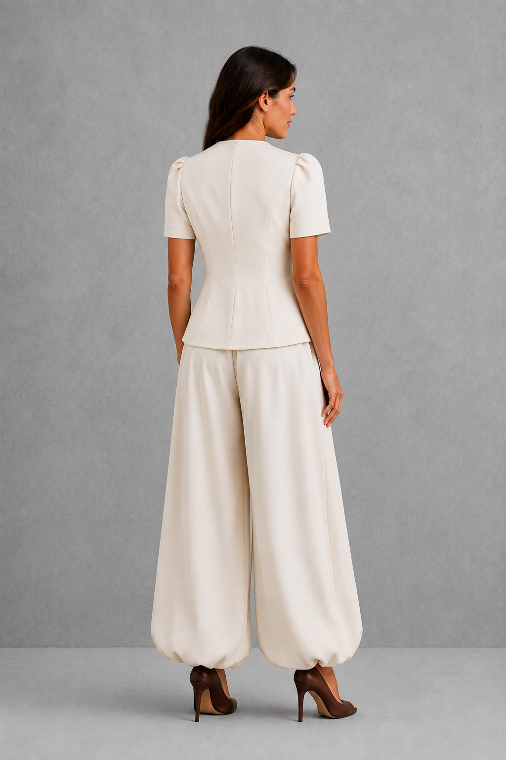 Women’s tailored two-piece set with an elegant fitted top and matching ankle-length balloon leg pants in a relaxed, polished silhouette.
