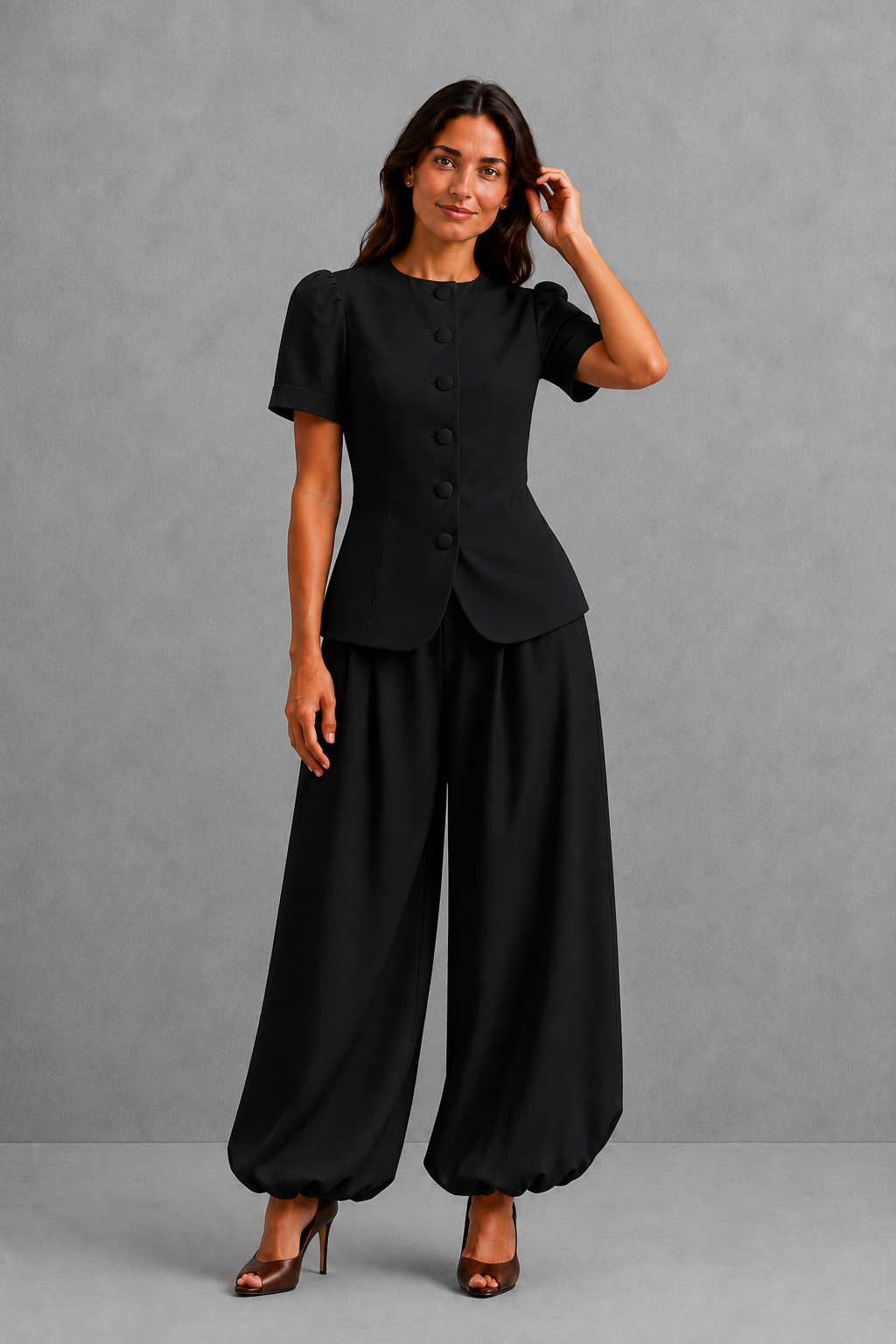Women’s tailored two-piece set with an elegant fitted top and matching ankle-length balloon leg pants in a relaxed, polished silhouette.