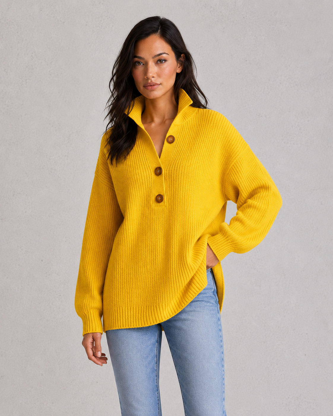 Women's loose-fit solid color sweater with lapel collar, three-button front detail, dropped shoulder long sleeves, and relaxed autumn winter styling.