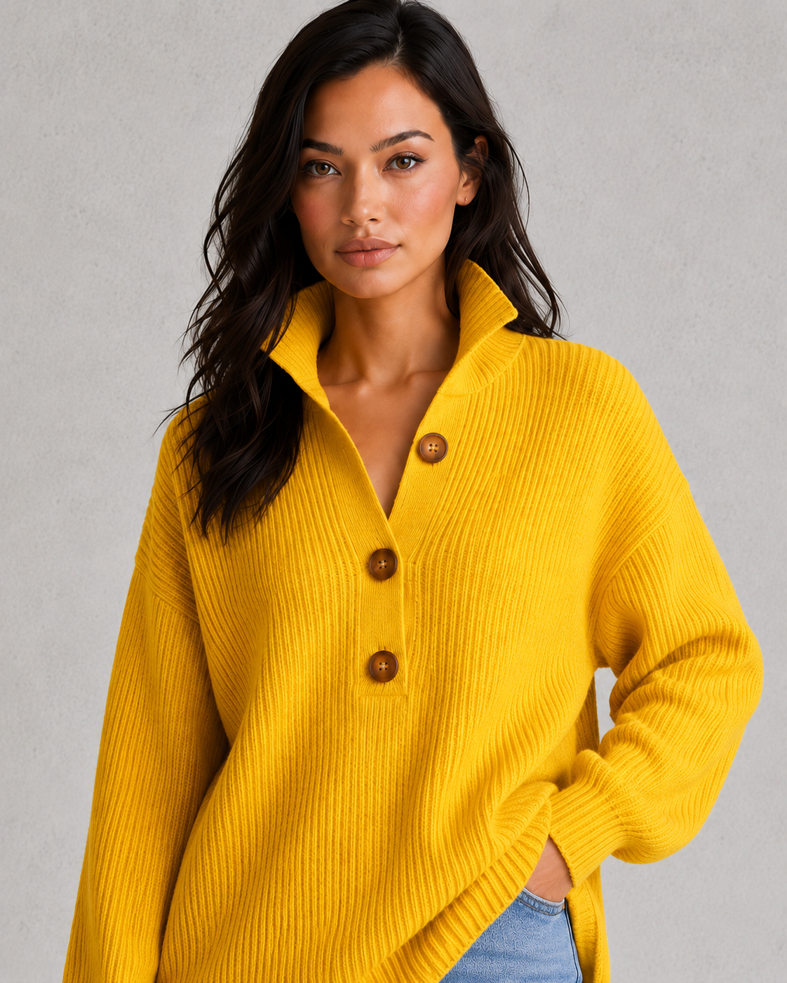 Women's loose-fit solid color sweater with lapel collar, three-button front detail, dropped shoulder long sleeves, and relaxed autumn winter styling.