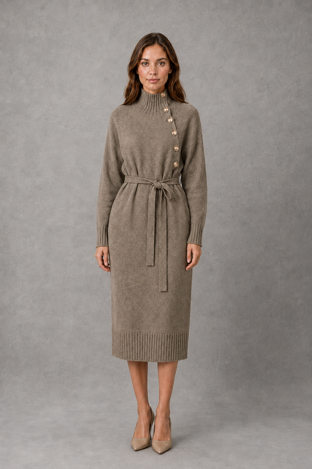 Women’s turtleneck sweater dress with decorative button detailing, long sleeves and an adjustable self-tie waist for a flattering feminine silhouette.
