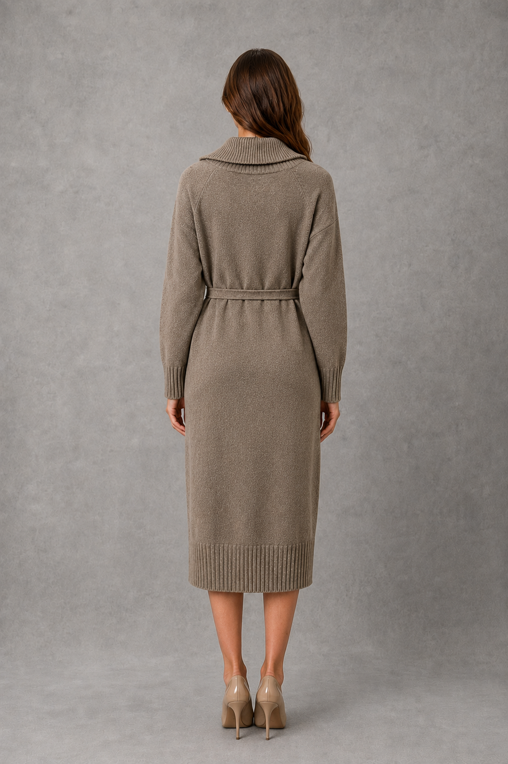Women’s turtleneck sweater dress with decorative button detailing, long sleeves and an adjustable self-tie waist for a flattering feminine silhouette.
