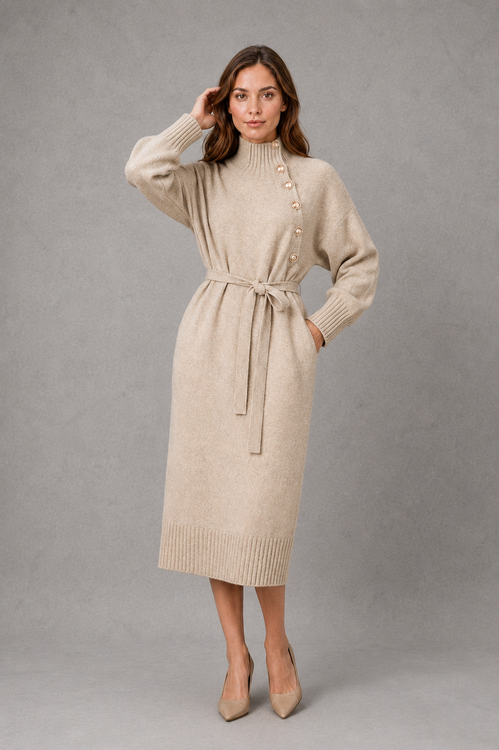 Women’s turtleneck sweater dress with decorative button detailing, long sleeves and an adjustable self-tie waist for a flattering feminine silhouette.
