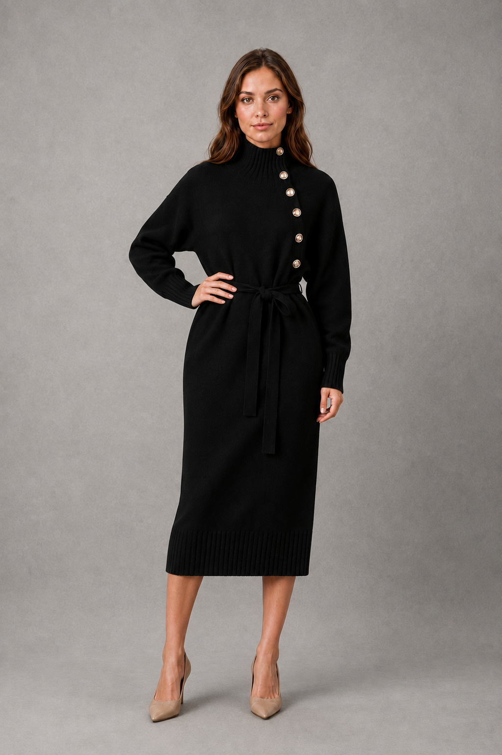 Women’s turtleneck sweater dress with decorative button detailing, long sleeves and an adjustable self-tie waist for a flattering feminine silhouette.