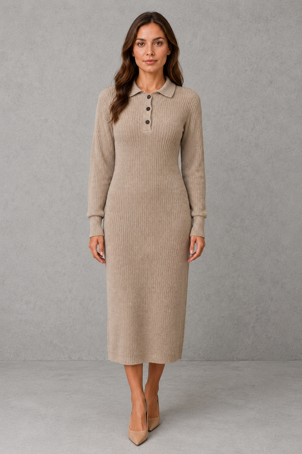 Women’s knit midi sweater dress with a polo-style collar, button-neck placket, long sleeves, ribbed cuffs and hem, and a relaxed straight silhouette.