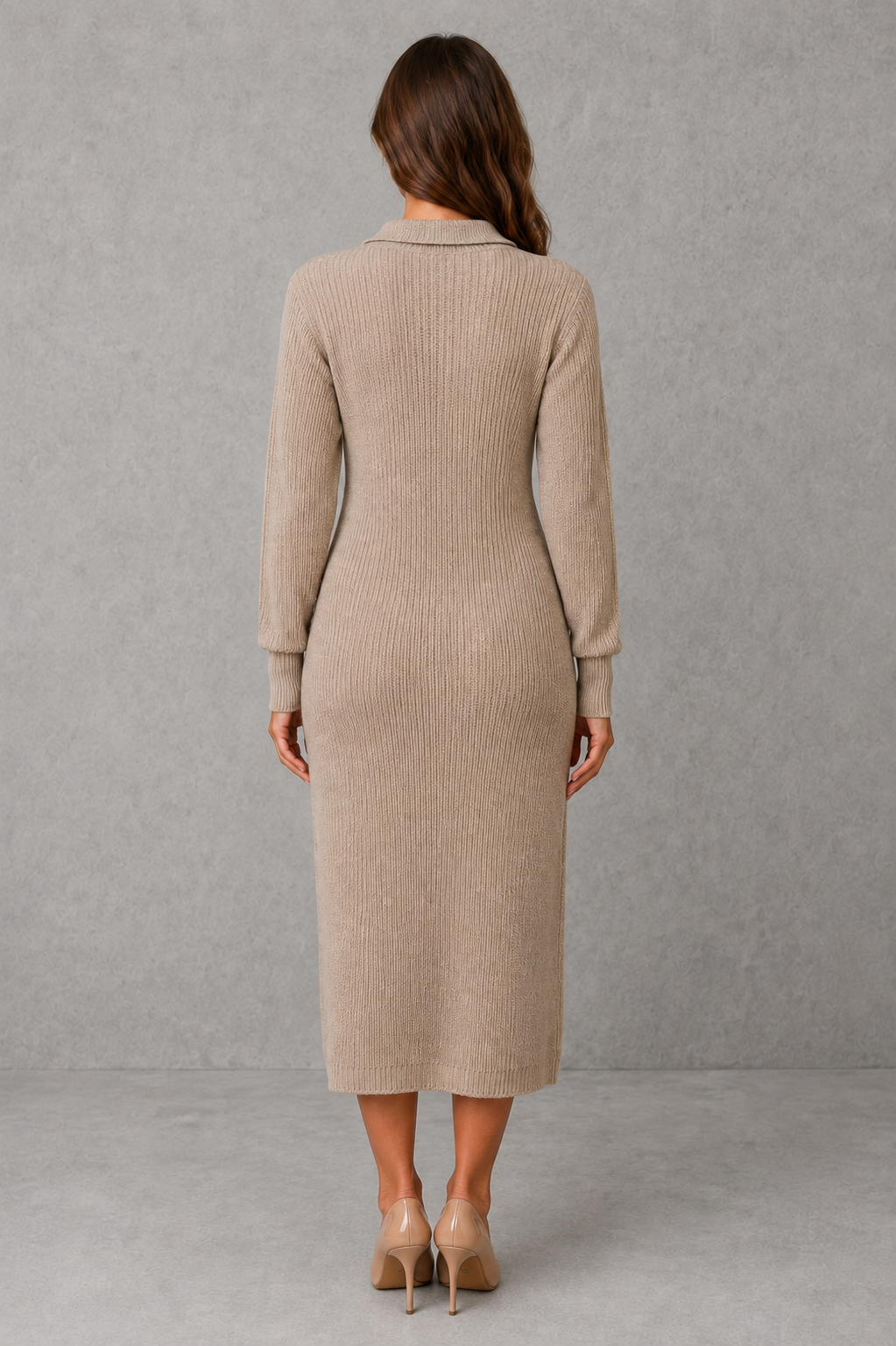 Women’s knit midi sweater dress with a polo-style collar, button-neck placket, long sleeves, ribbed cuffs and hem, and a relaxed straight silhouette.