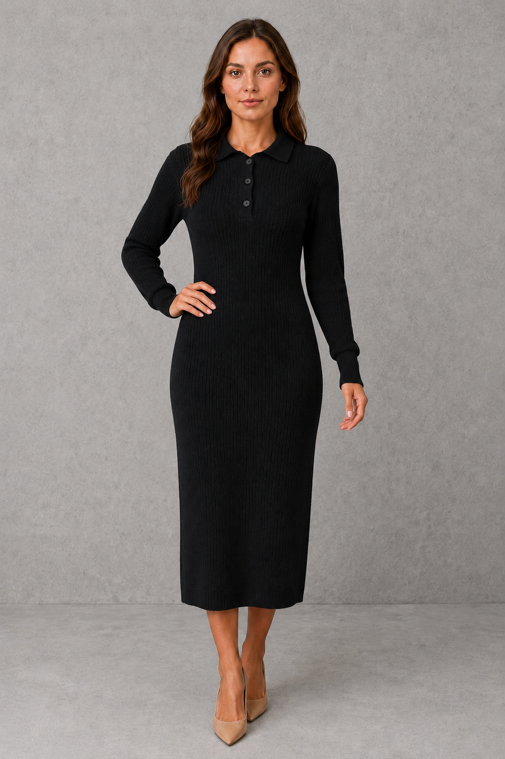 Women’s knit midi sweater dress with a polo-style collar, button-neck placket, long sleeves, ribbed cuffs and hem, and a relaxed straight silhouette.