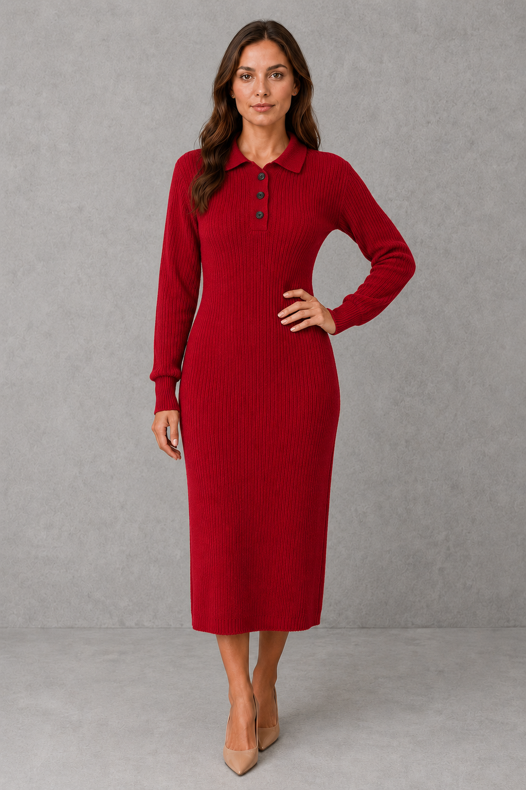 Women’s knit midi sweater dress with a polo-style collar, button-neck placket, long sleeves, ribbed cuffs and hem, and a relaxed straight silhouette.