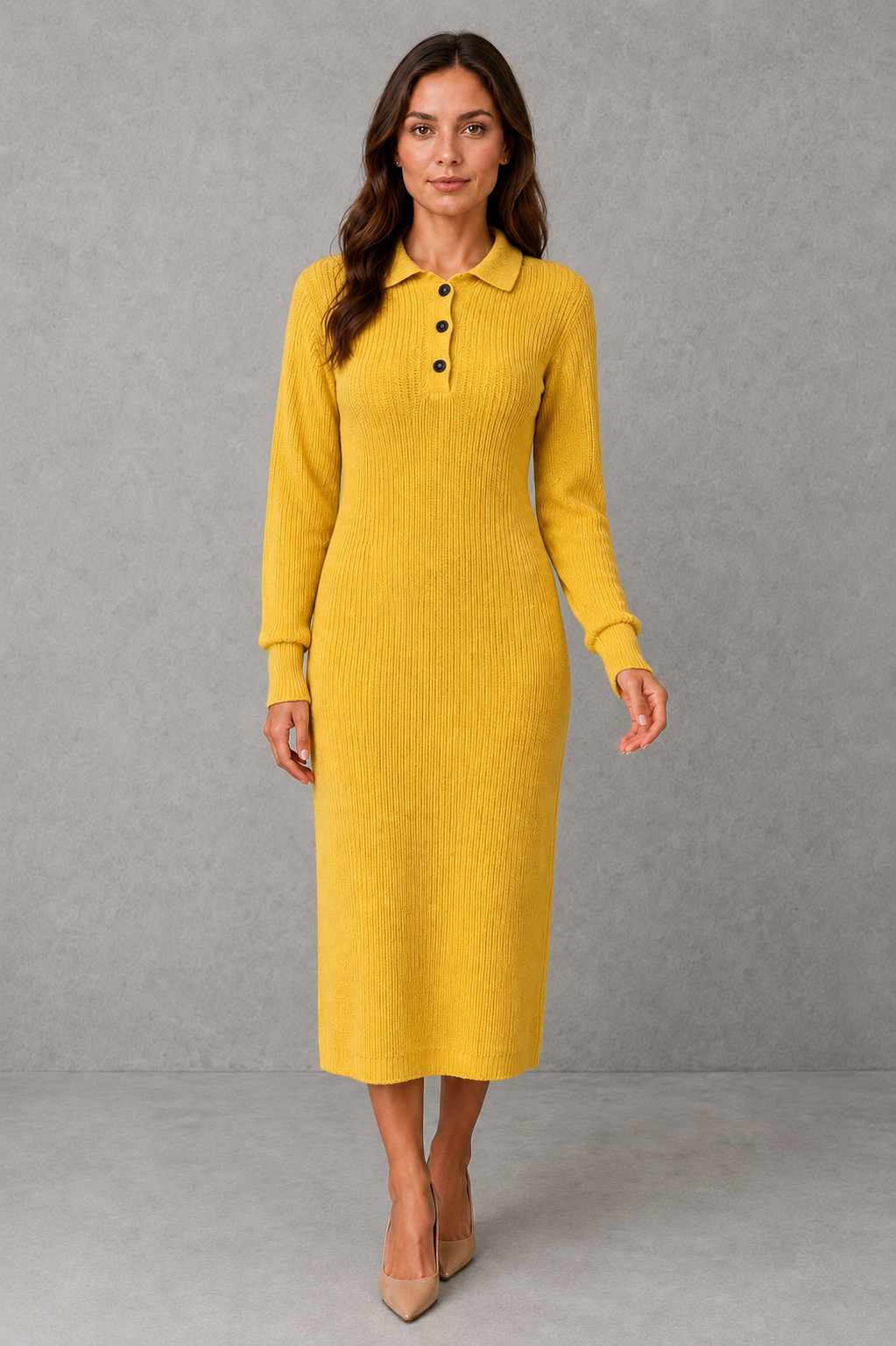 Women’s knit midi sweater dress with a polo-style collar, button-neck placket, long sleeves, ribbed cuffs and hem, and a relaxed straight silhouette.