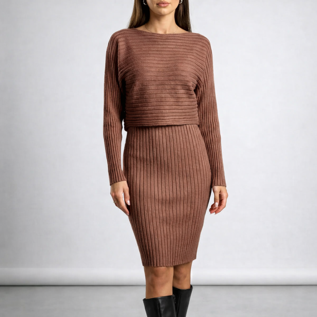 Brown ribbed dress worn by a model on a white background