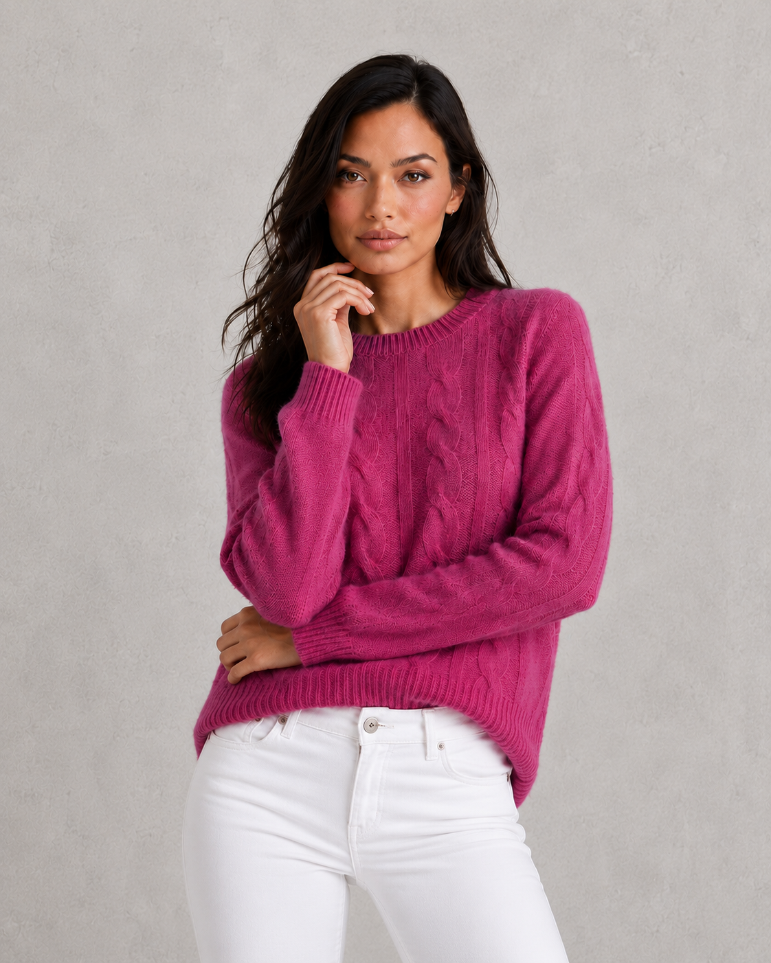 Woman wearing an ultra-soft knitted jumper with a relaxed fit, cozy texture, and modern silhouette styled for effortless everyday elegance.