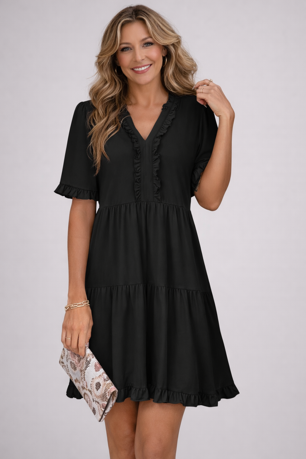 Woman wearing casual v-neck mini dress
