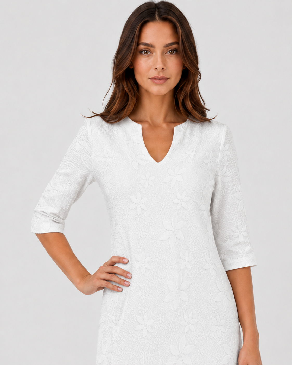 Women’s V-neck floral summer dress featuring a relaxed, loose-fitting silhouette with three-quarter sleeves and a knee-length hem. Made from lightweight, breathable fabric for warm-weather comfort. Available in White, Black, Pink, Blue, and Khaki, in sizes S–5XL.