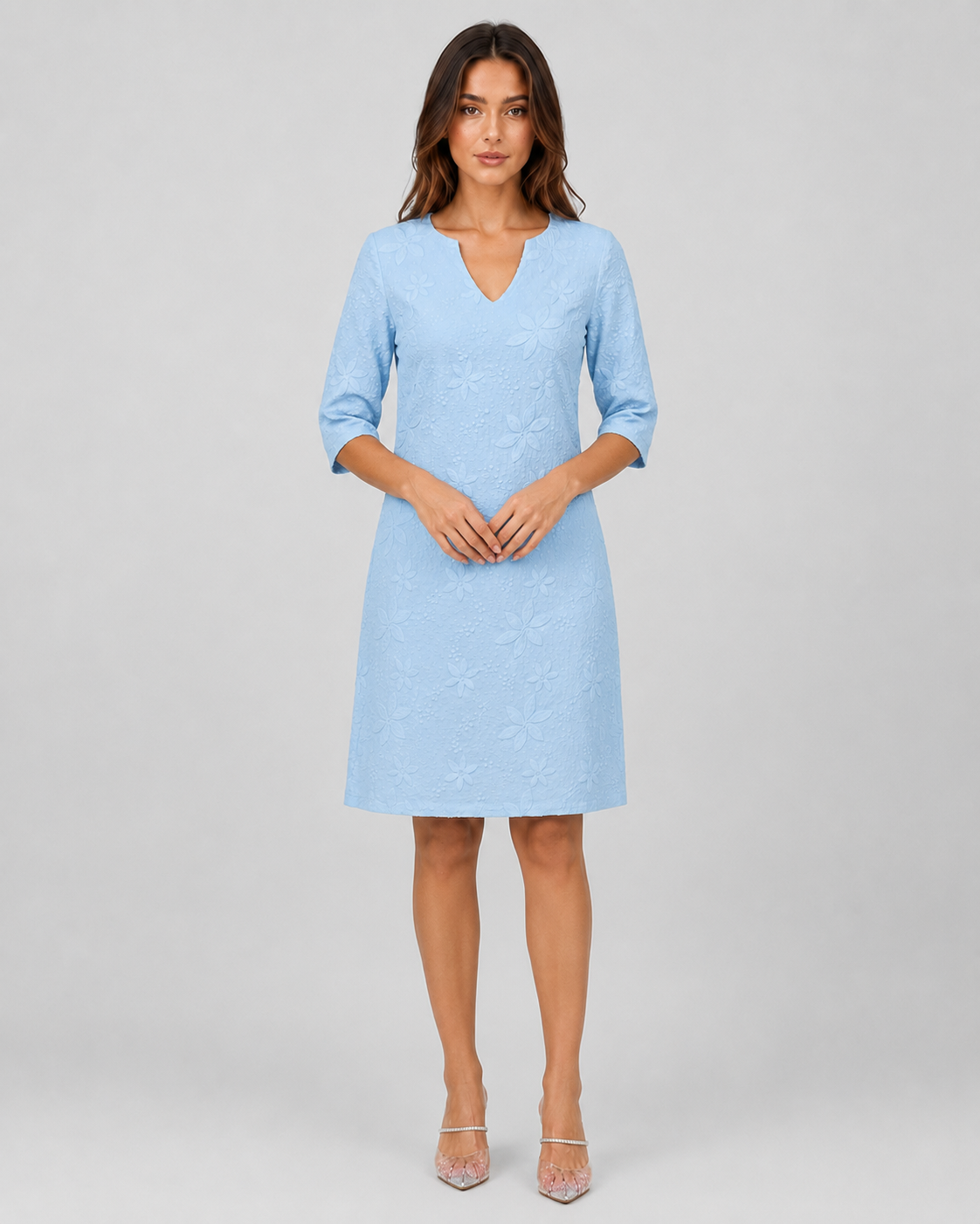 Women’s V-neck floral summer dress featuring a relaxed, loose-fitting silhouette with three-quarter sleeves and a knee-length hem. Made from lightweight, breathable fabric for warm-weather comfort. Available in White, Black, Pink, Blue, and Khaki, in sizes S–5XL.
