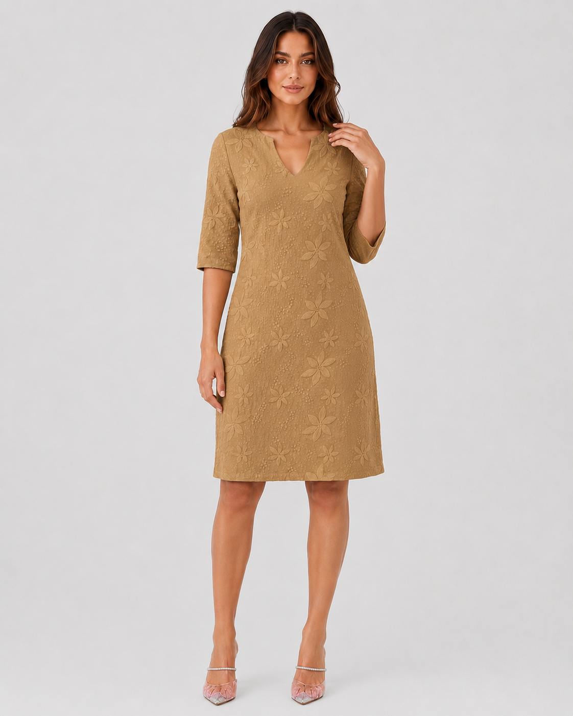 Women’s V-neck floral summer dress featuring a relaxed, loose-fitting silhouette with three-quarter sleeves and a knee-length hem. Made from lightweight, breathable fabric for warm-weather comfort. Available in White, Black, Pink, Blue, and Khaki, in sizes S–5XL.