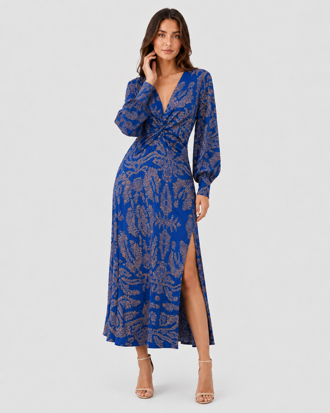 Women's V-neck midi cocktail dress by Klyne Studios made from structured fabric with a figure-shaped silhouette. Features a flattering V-neckline, midi length, and true-to-size fit. Available in Blue, Green, Red, and Purple, in sizes S–3XL.