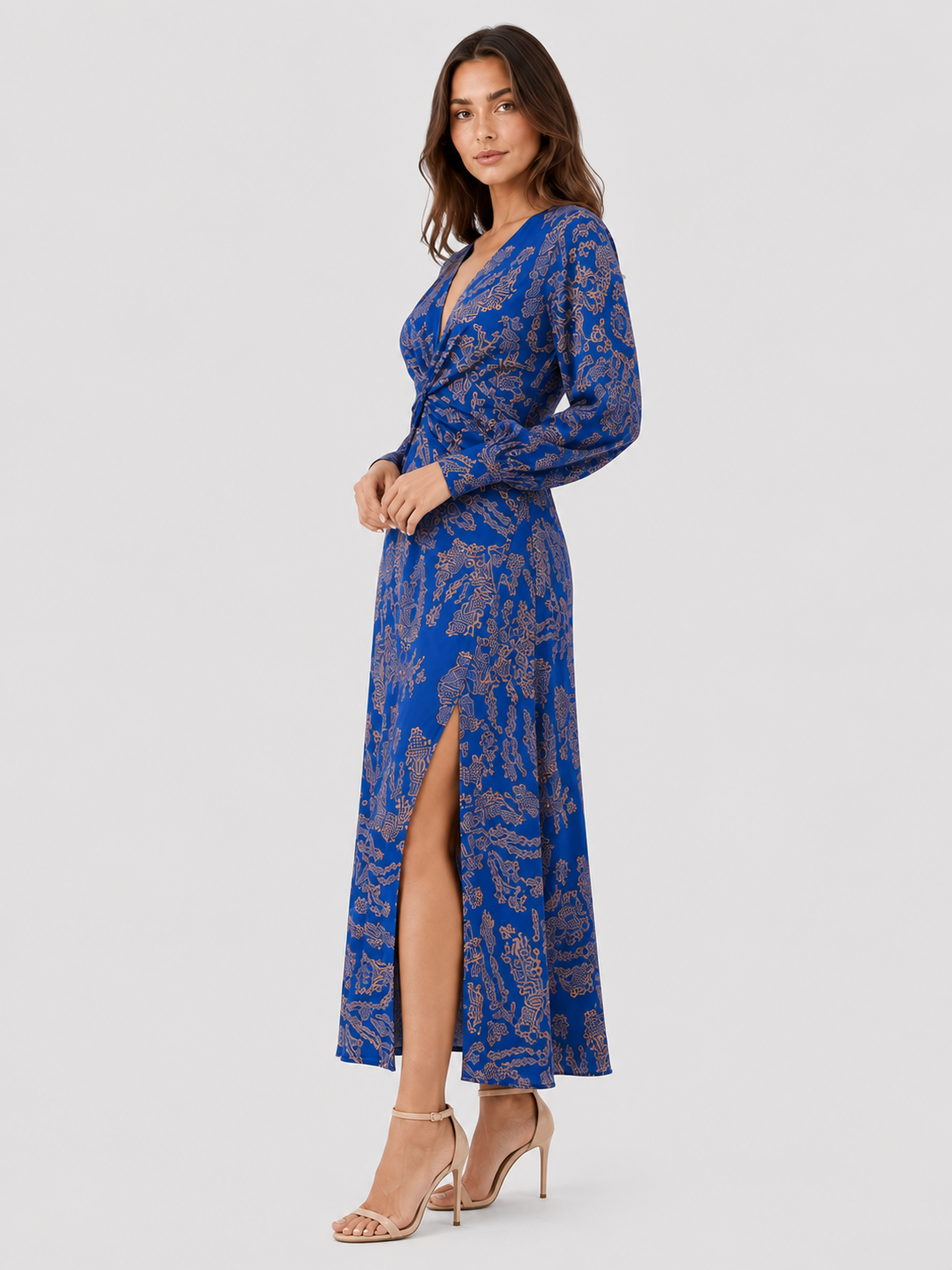 Women's V-neck midi cocktail dress by Klyne Studios made from structured fabric with a figure-shaped silhouette. Features a flattering V-neckline, midi length, and true-to-size fit. Available in Blue, Green, Red, and Purple, in sizes S–3XL.