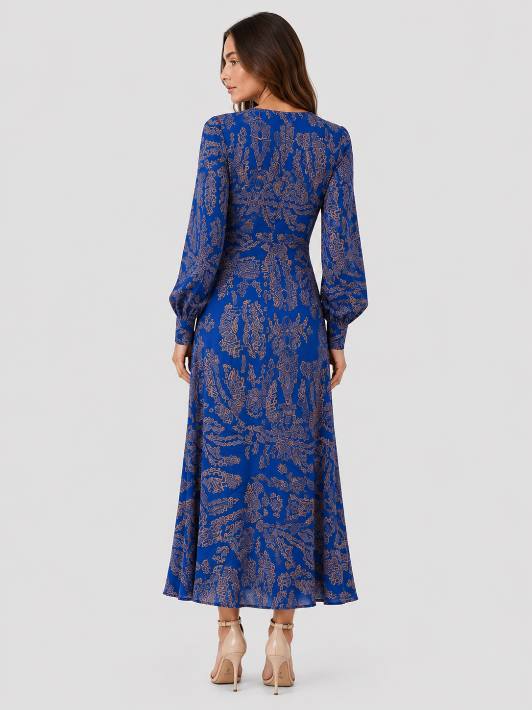 Women's V-neck midi cocktail dress by Klyne Studios made from structured fabric with a figure-shaped silhouette. Features a flattering V-neckline, midi length, and true-to-size fit. Available in Blue, Green, Red, and Purple, in sizes S–3XL.