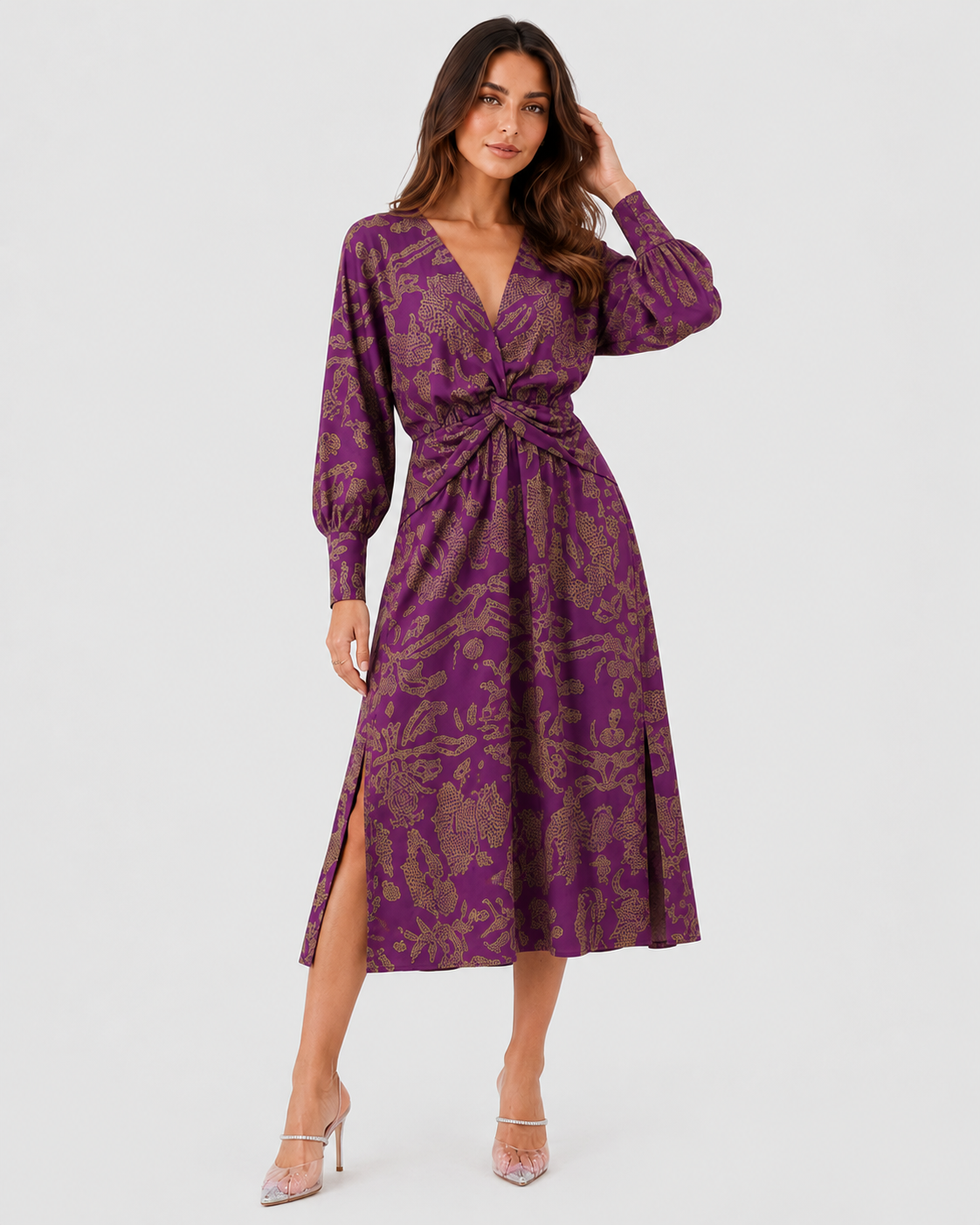 Women's V-neck midi cocktail dress by Klyne Studios made from structured fabric with a figure-shaped silhouette. Features a flattering V-neckline, midi length, and true-to-size fit. Available in Blue, Green, Red, and Purple, in sizes S–3XL.