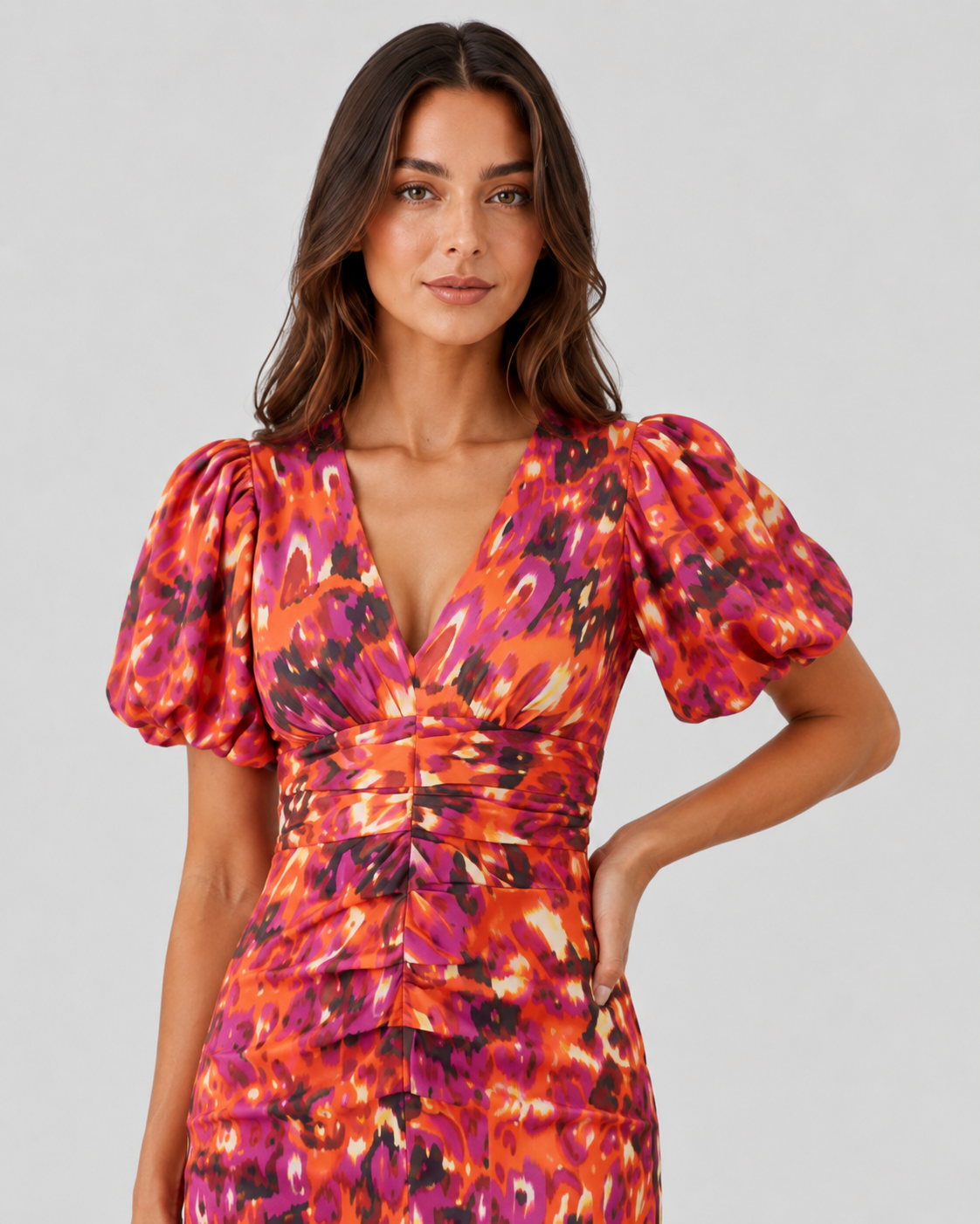 Women’s Klyne Studios printed midi dress with a V-neckline, structured puff sleeves, relaxed fit, and soft waist shaping for a modern, versatile look.