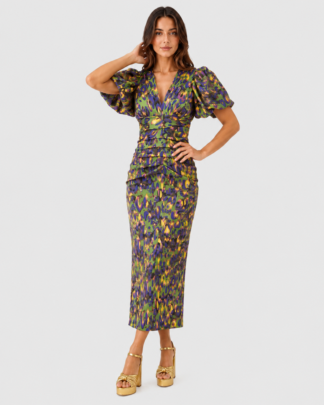 Women’s Klyne Studios printed midi dress with a V-neckline, structured puff sleeves, relaxed fit, and soft waist shaping for a modern, versatile look.