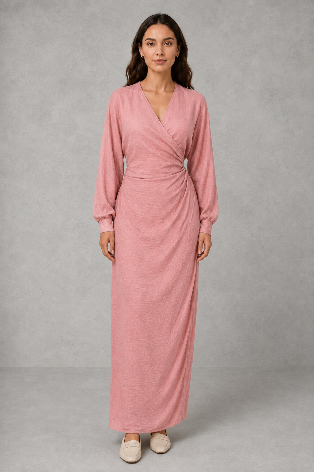 Women’s V-neck ruched wrap maxi dress with a draped front, gathered waist, long cuffed sleeves, flowing full-length skirt, and subtle side slit.