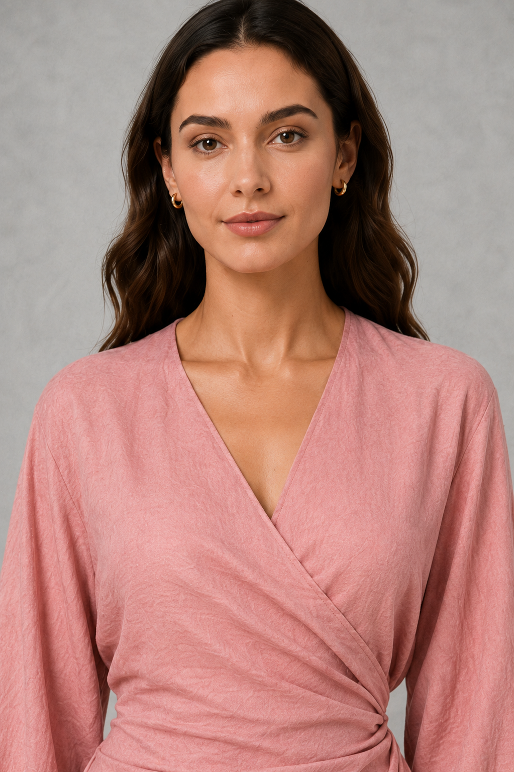 Women’s V-neck ruched wrap maxi dress with a draped front, gathered waist, long cuffed sleeves, flowing full-length skirt, and subtle side slit.