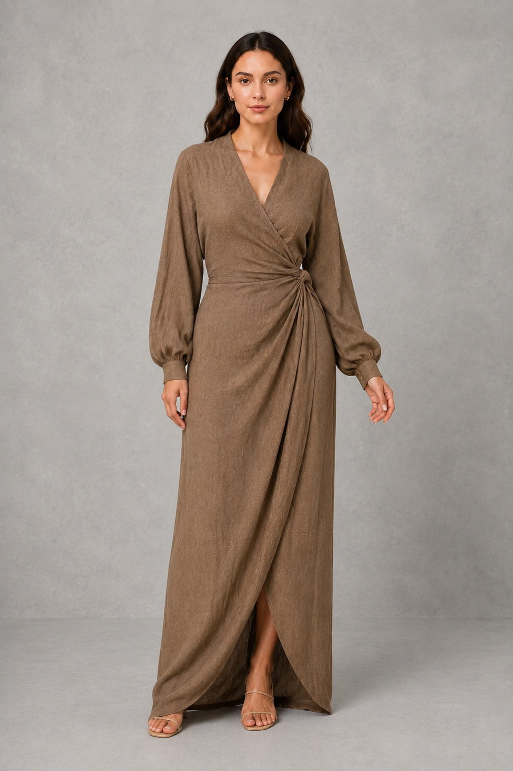 Women’s V-neck ruched wrap maxi dress with a draped front, gathered waist, long cuffed sleeves, flowing full-length skirt, and subtle side slit.