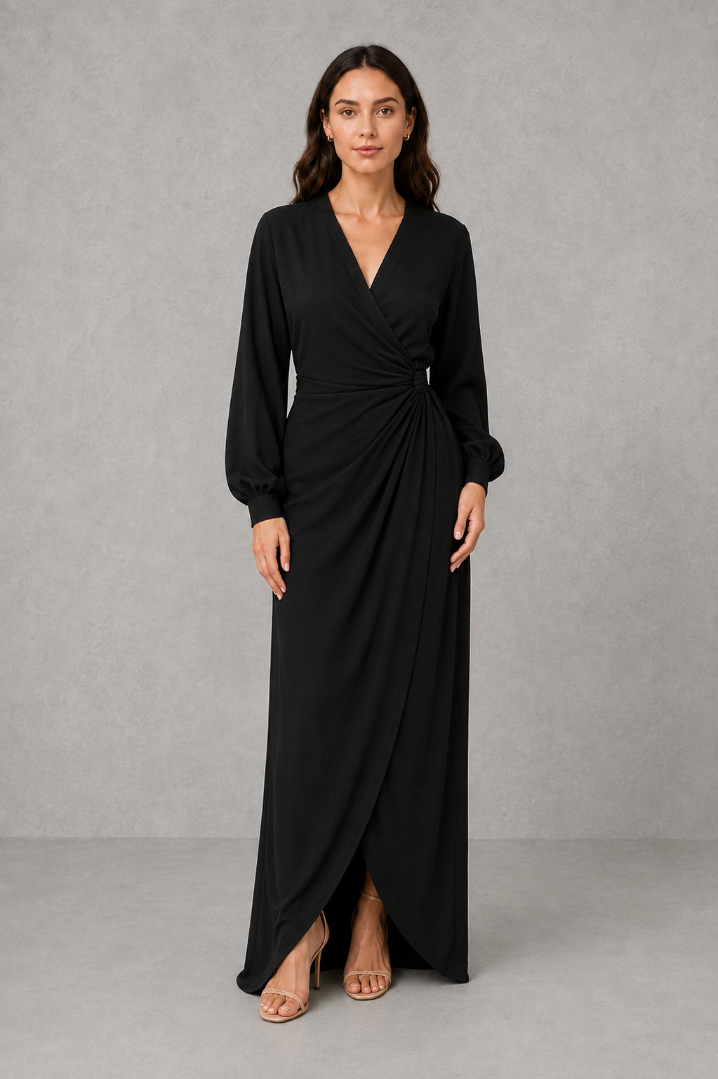 Women’s V-neck ruched wrap maxi dress with a draped front, gathered waist, long cuffed sleeves, flowing full-length skirt, and subtle side slit.