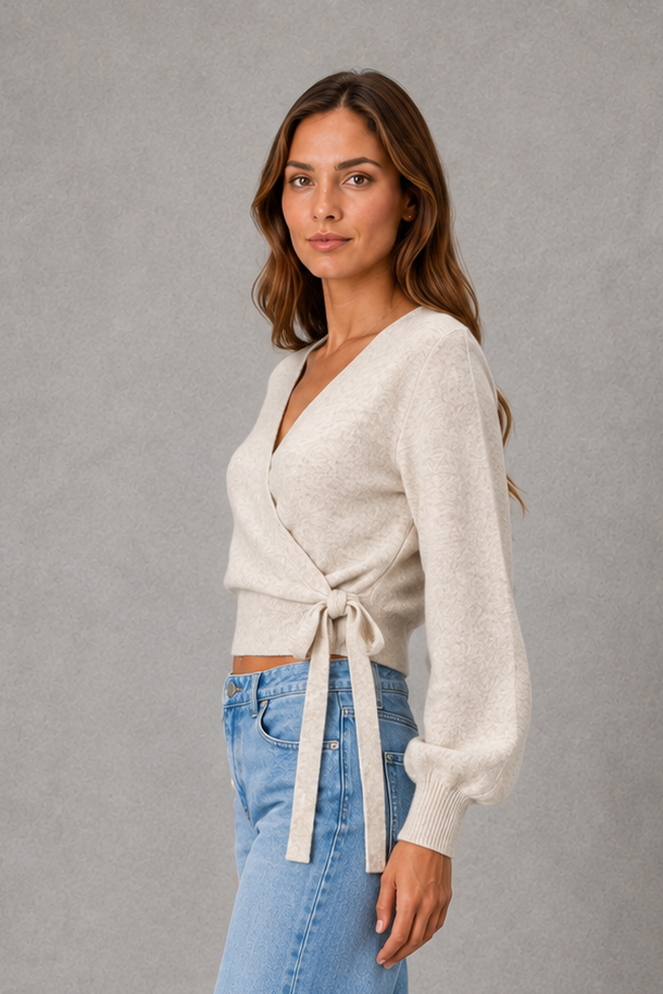 Women’s V-neck wrap knit sweater with a crossover front, long sleeves and adjustable self-tie waist for a flattering feminine fit.