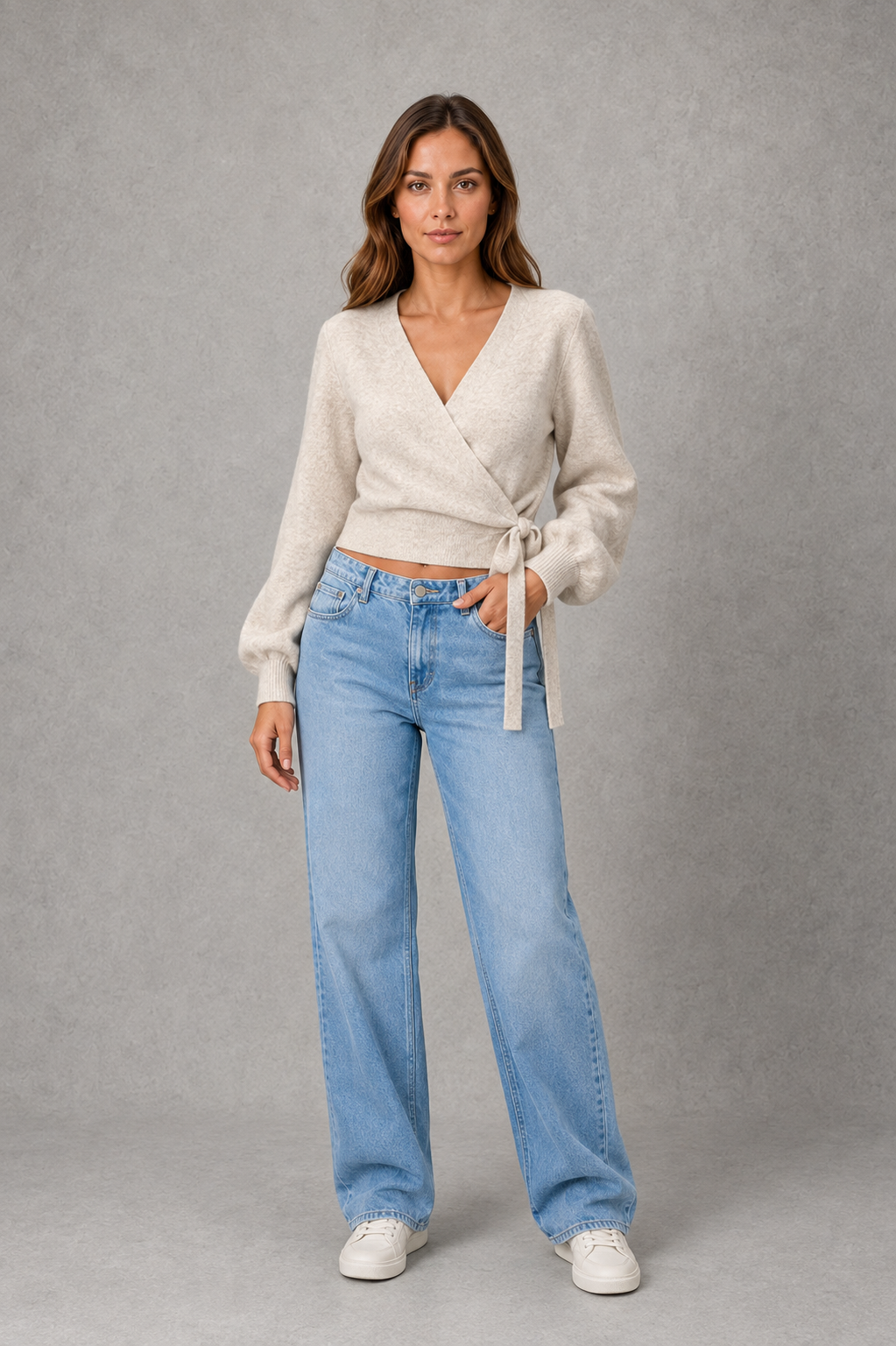 Women’s V-neck wrap knit sweater with a crossover front, long sleeves and adjustable self-tie waist for a flattering feminine fit.