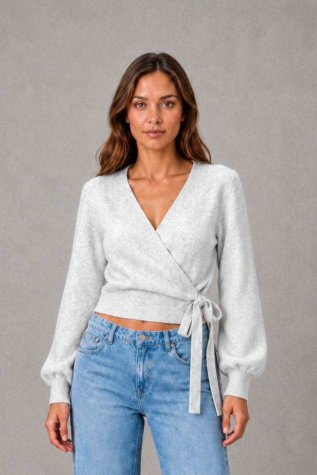 Women’s V-neck wrap knit sweater with a crossover front, long sleeves and adjustable self-tie waist for a flattering feminine fit.