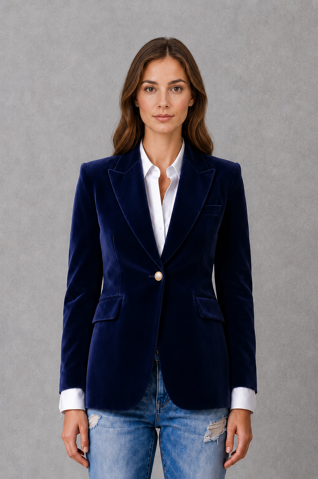 Women’s velvet blazer with a soft luxe-inspired finish, classic lapel collar, flattering tailored silhouette, and elegant feminine styling.