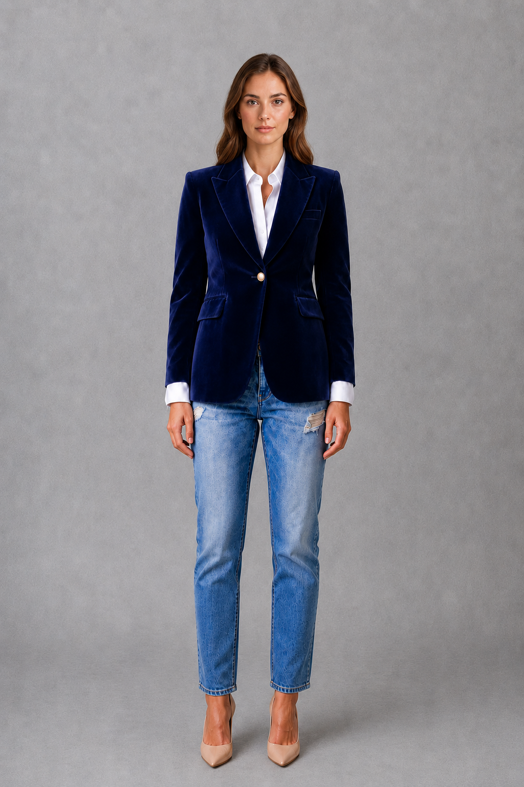 Women’s velvet blazer with a soft luxe-inspired finish, classic lapel collar, flattering tailored silhouette, and elegant feminine styling.