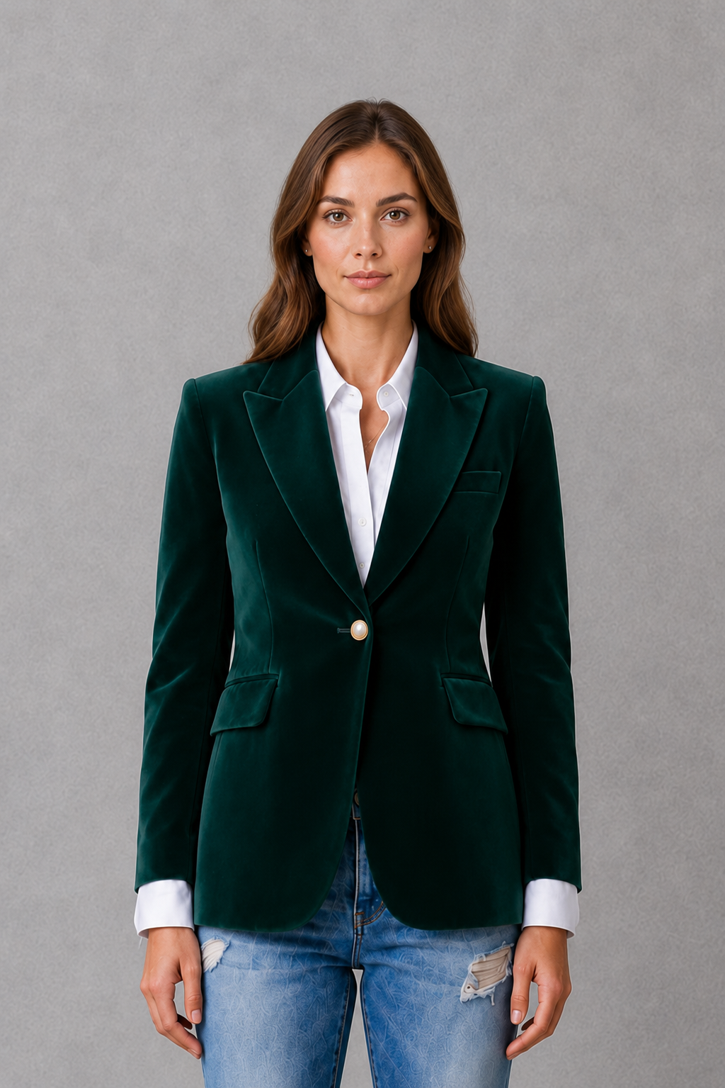 Women’s velvet blazer with a soft luxe-inspired finish, classic lapel collar, flattering tailored silhouette, and elegant feminine styling.