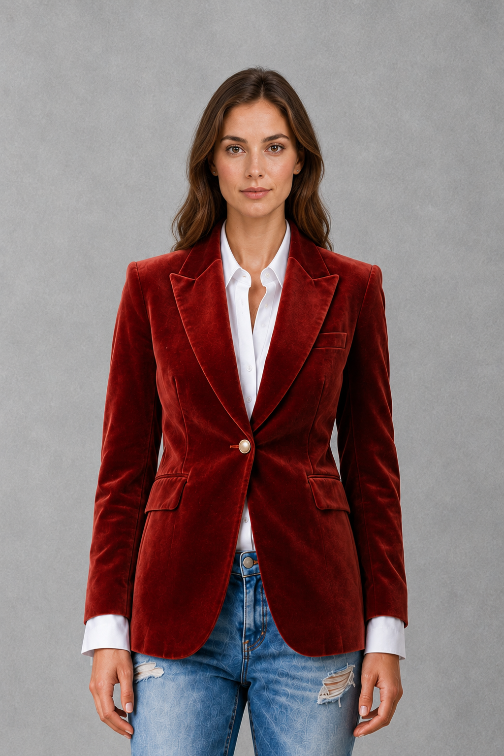 Women’s velvet blazer with a soft luxe-inspired finish, classic lapel collar, flattering tailored silhouette, and elegant feminine styling.