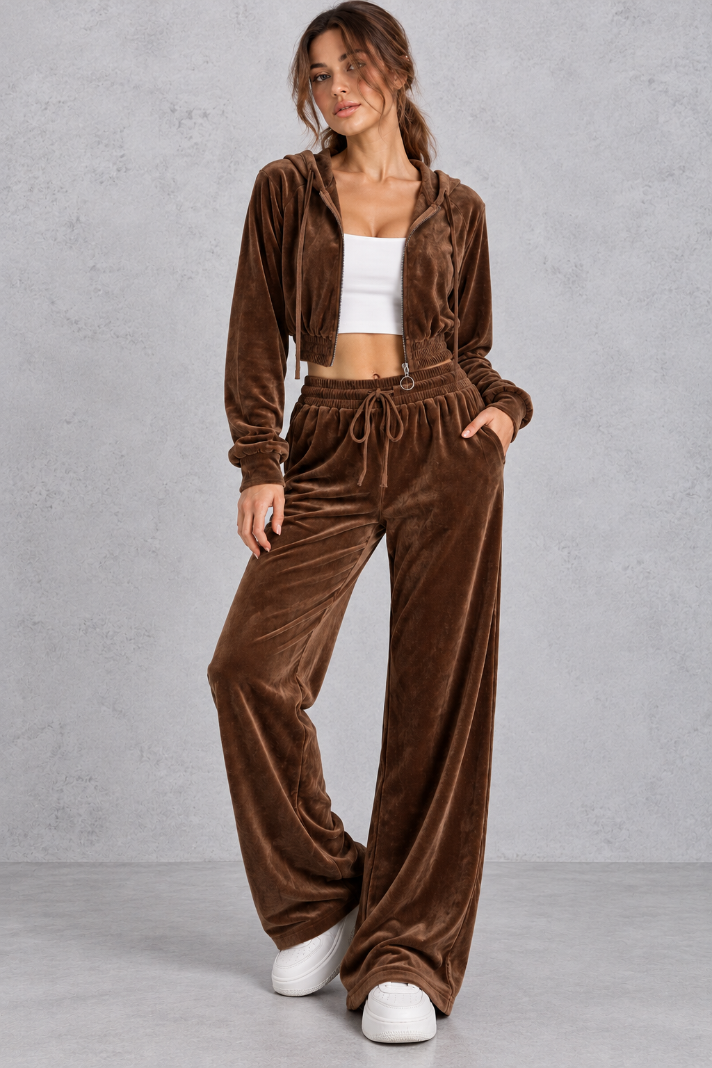 Women's velvet cropped zip-up hoodie and wide leg pants set, front view