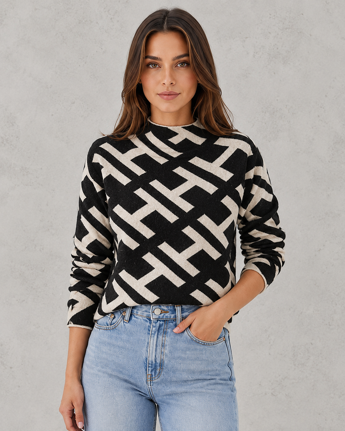 Woman wearing a soft velvet yarn turtleneck sweater with a refined silhouette and elegant winter styling.