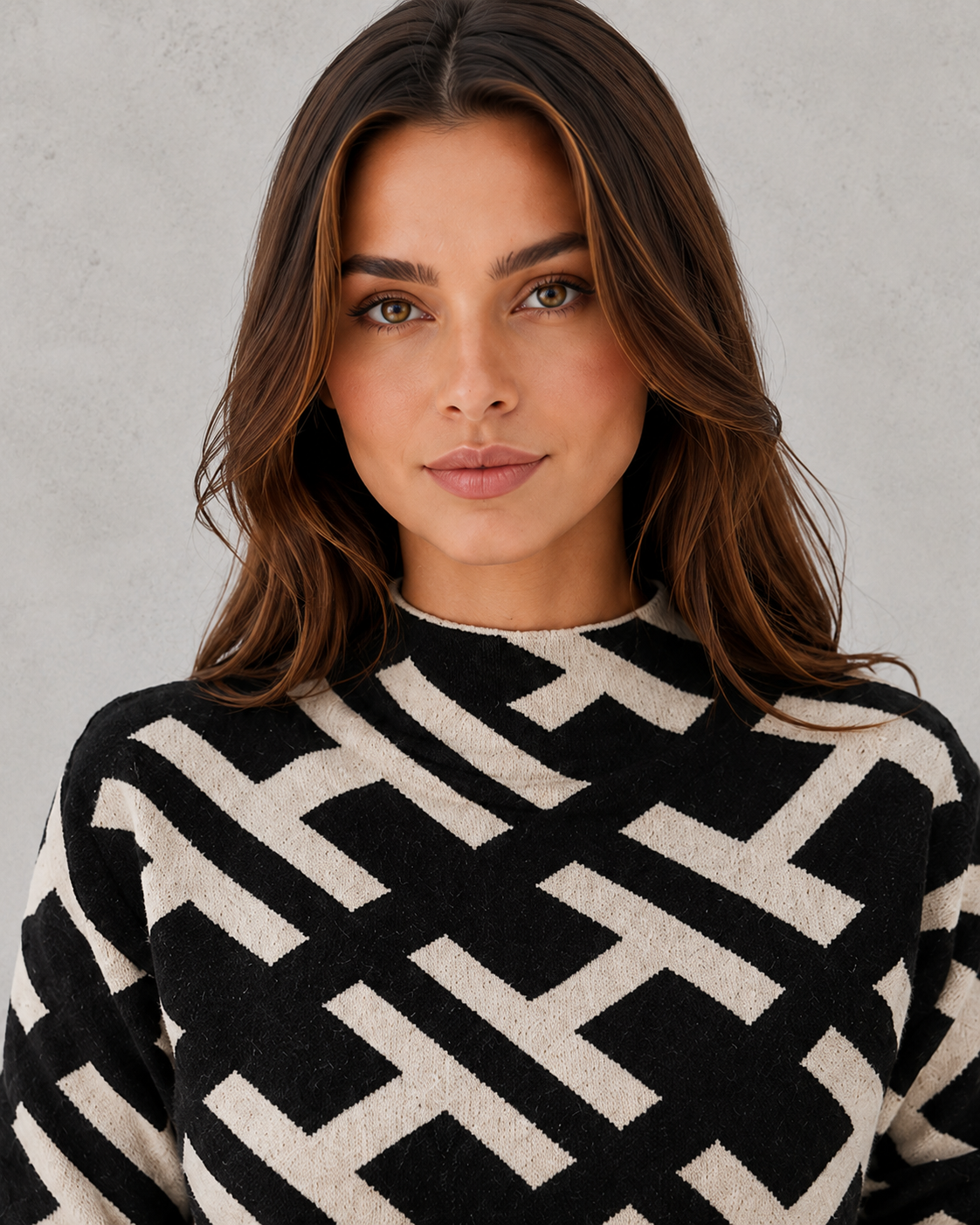 Woman wearing a soft velvet yarn turtleneck sweater with a refined silhouette and elegant winter styling.