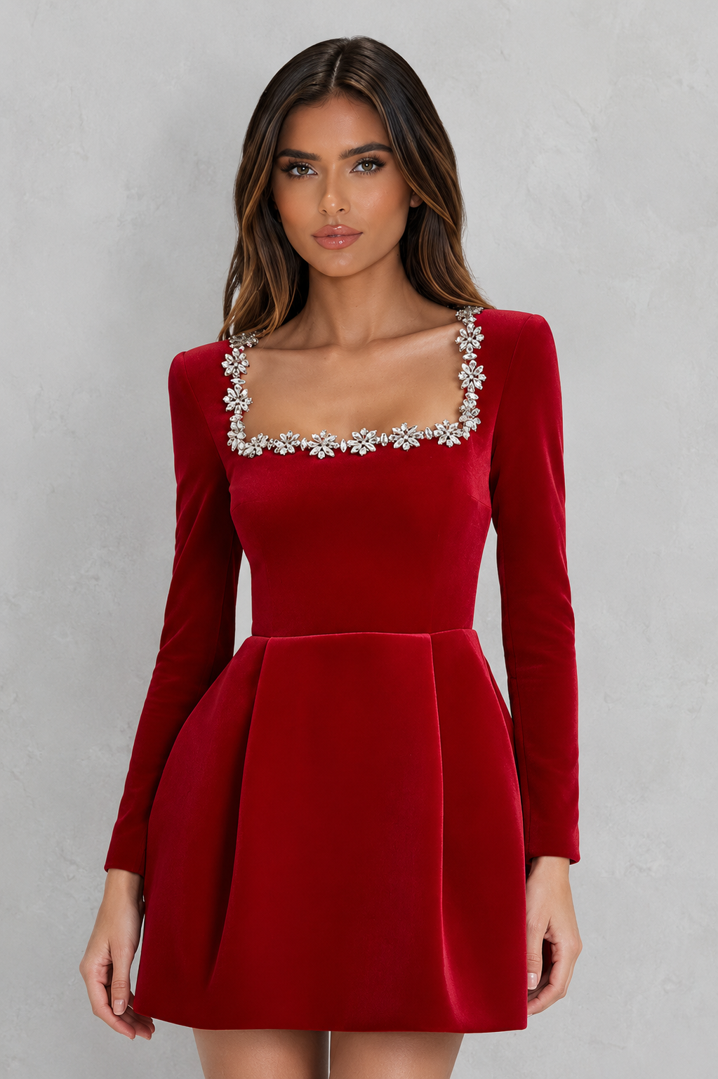 Women’s velvet mini dress with square neckline, long sleeves, and flattering A-line silhouette for parties and evening wear.