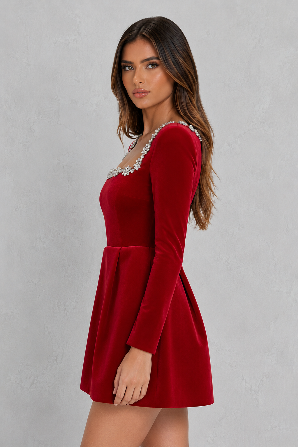 Women’s velvet mini dress with square neckline, long sleeves, and flattering A-line silhouette for parties and evening wear.