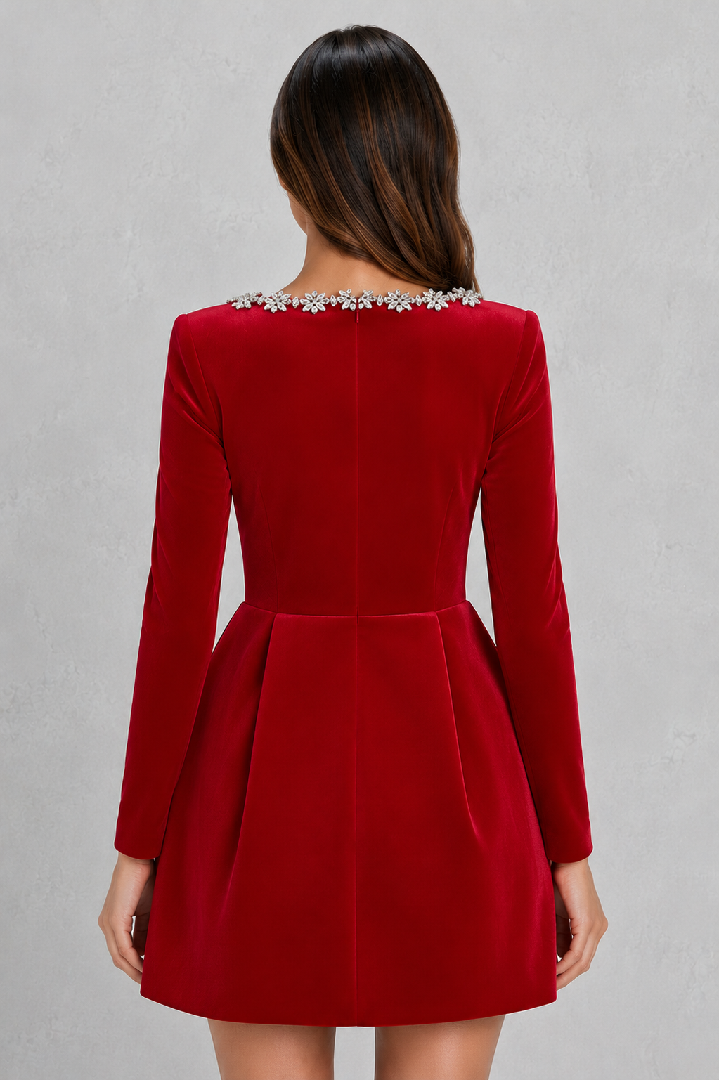 Women’s velvet mini dress with square neckline, long sleeves, and flattering A-line silhouette for parties and evening wear.