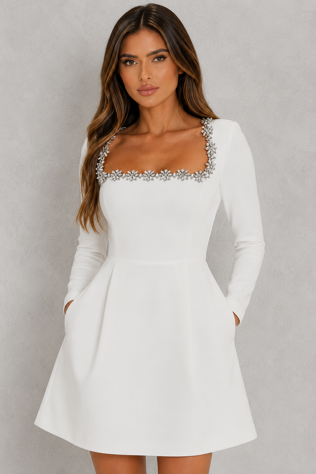 Women’s velvet mini dress with square neckline, long sleeves, and flattering A-line silhouette for parties and evening wear.