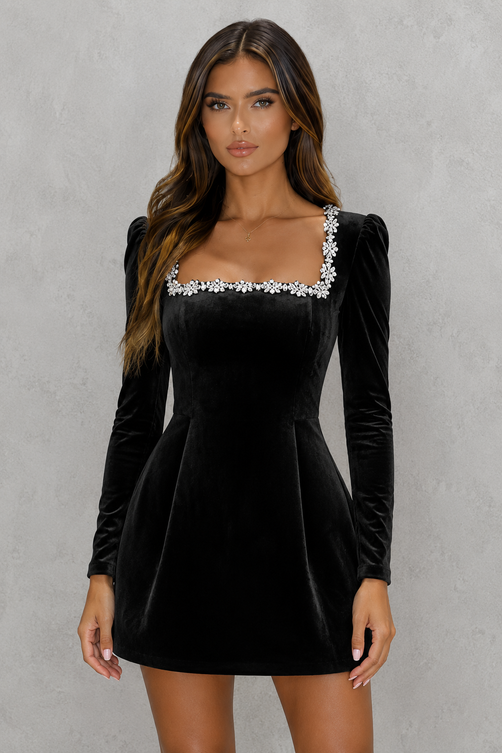 Women’s velvet mini dress with square neckline, long sleeves, and flattering A-line silhouette for parties and evening wear.