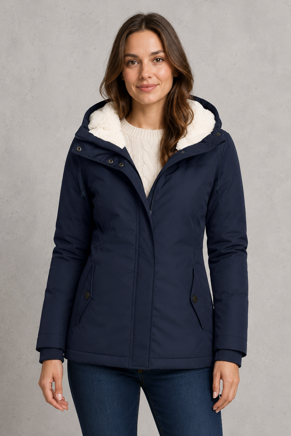 Women’s waterproof hooded longline rain coat with an adjustable hood, insulated lining, regular fit, and extended length for added weather protection.