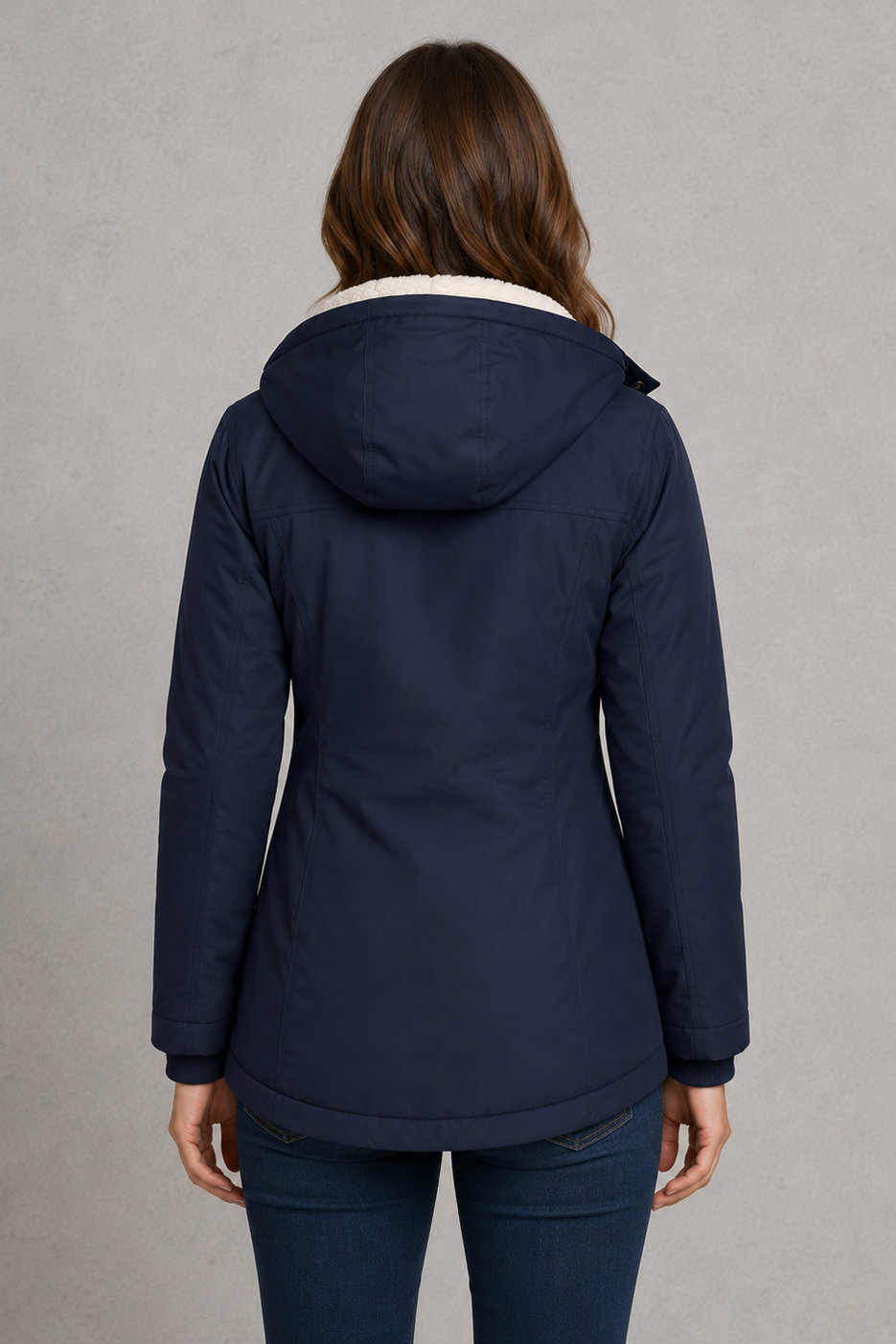 Women’s waterproof hooded longline rain coat with an adjustable hood, insulated lining, regular fit, and extended length for added weather protection.