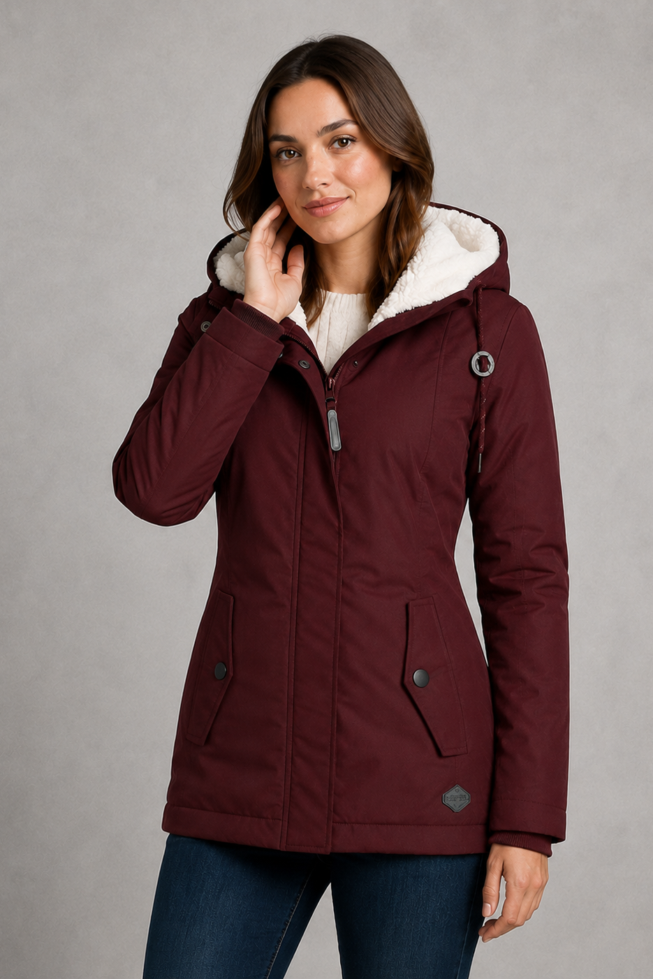 Women’s waterproof hooded longline rain coat with an adjustable hood, insulated lining, regular fit, and extended length for added weather protection.